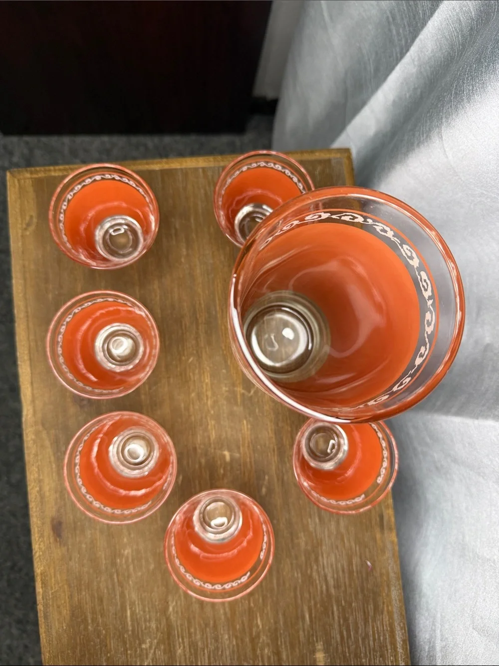 Vtg Dyball Coral Pagoda Glasses Matte Mid Century Modern Hazel Atlas 7pc Set